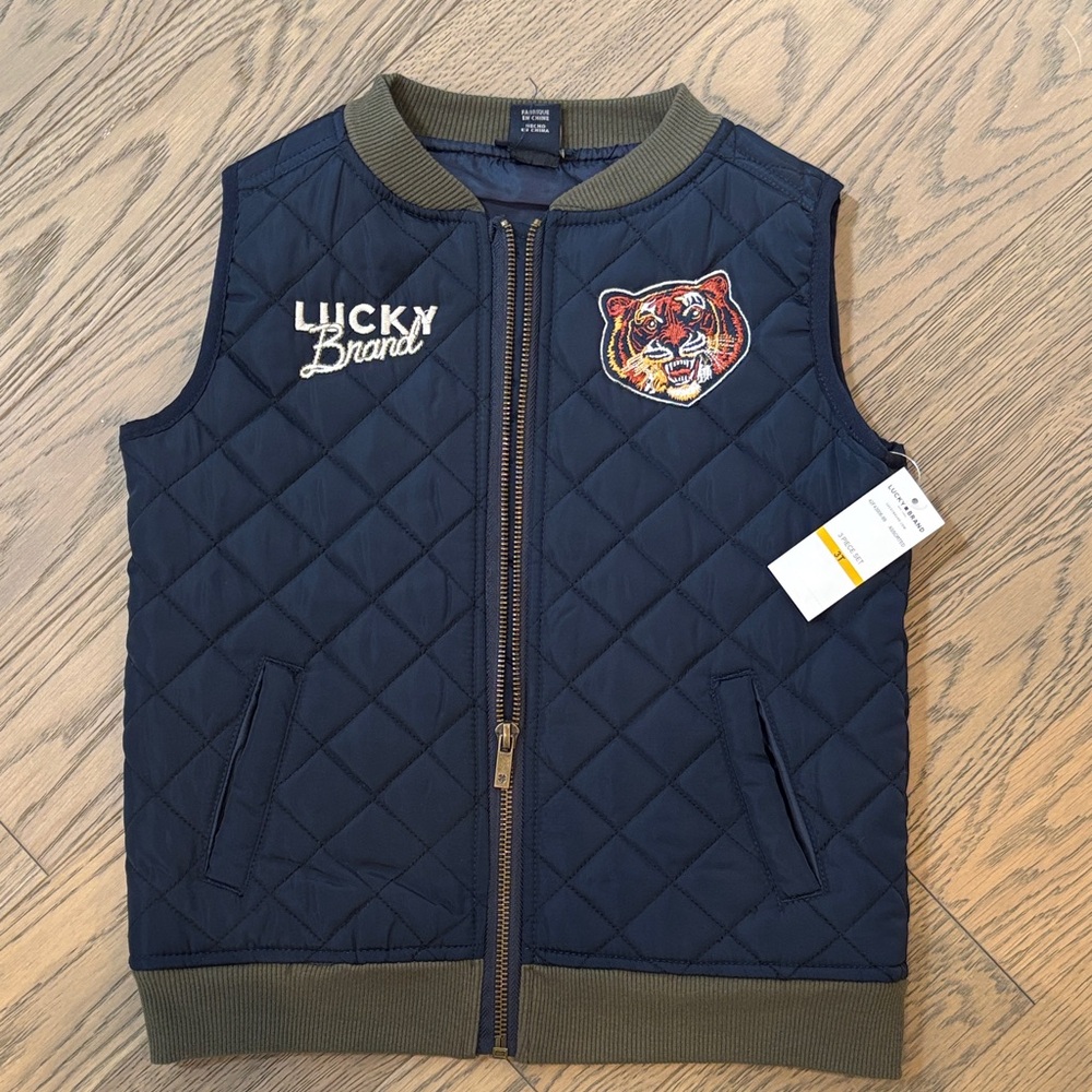Lucky Brand Navy Quilted Vest with Tiger Embroidery